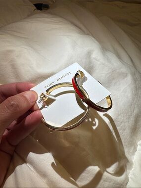 Tory Burch Gold Hoops with Red Enamel Inlay